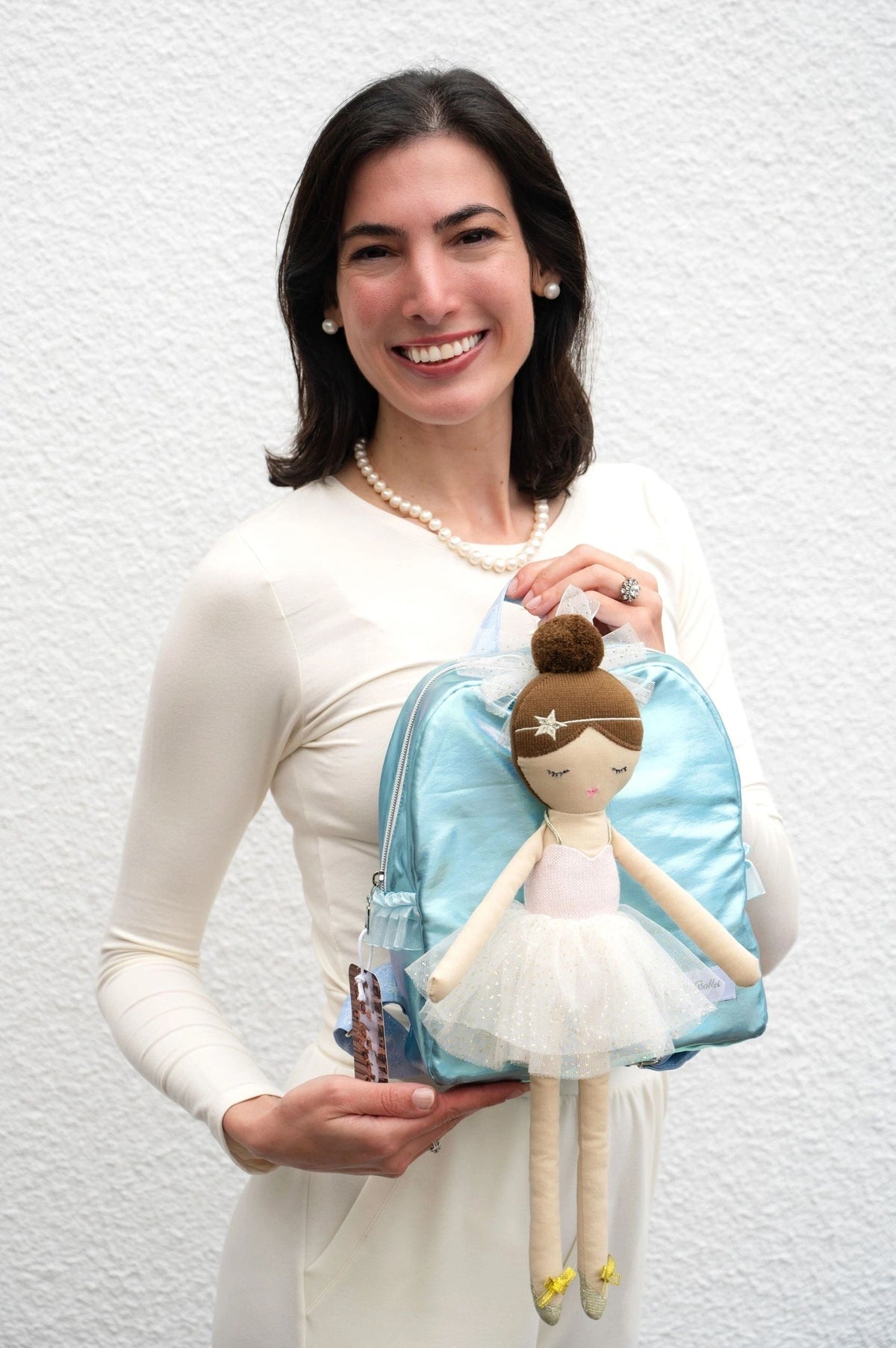 Handmade blue ballet school bag and doll set
