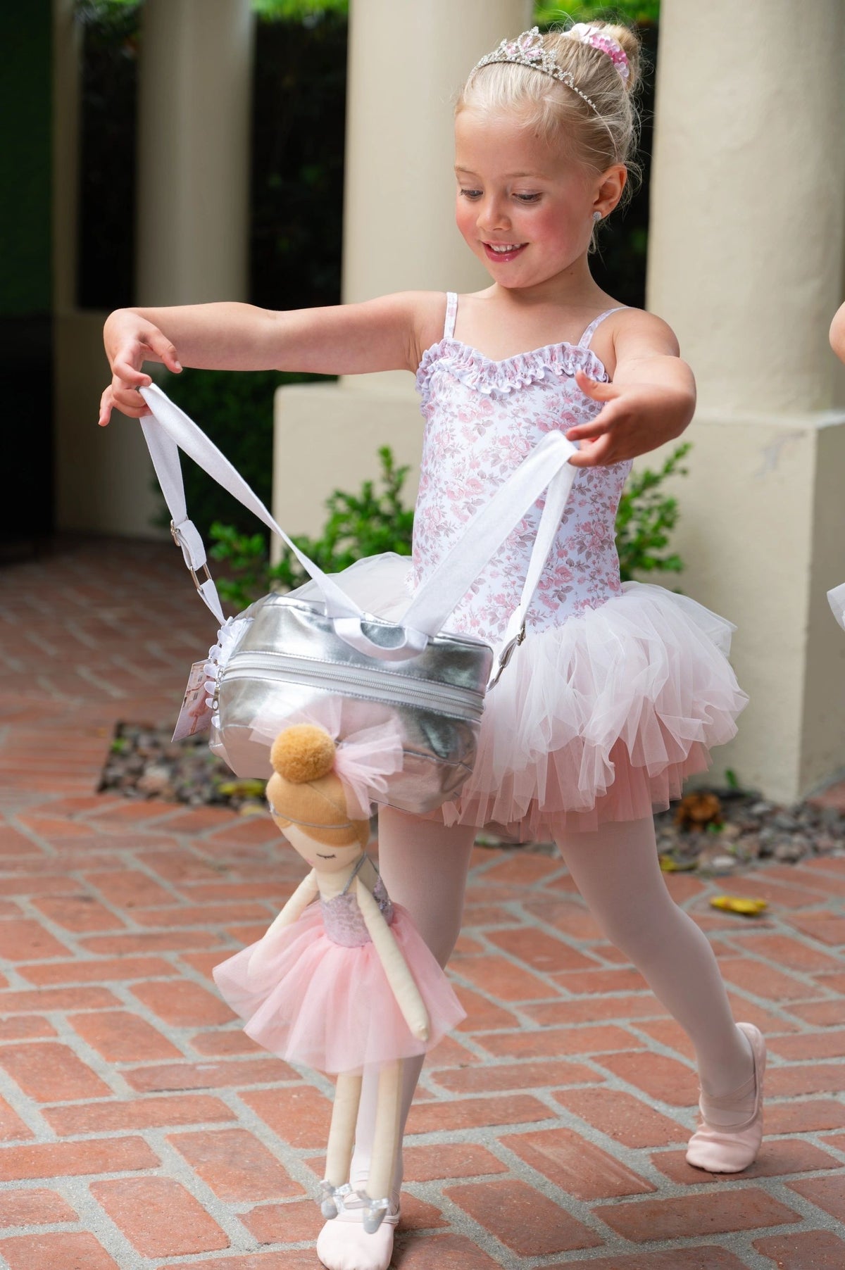 Handmade silver ballet school bag and doll set